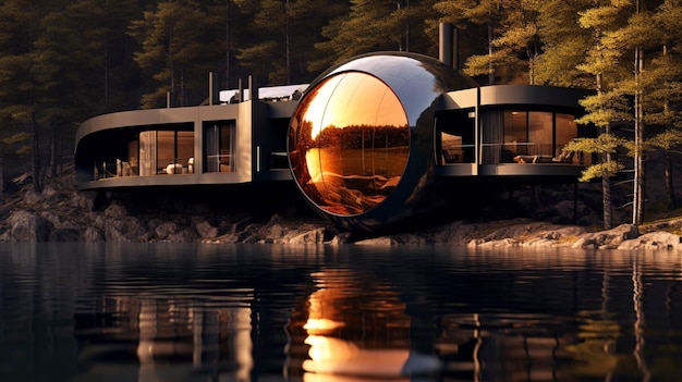 3D render of a modern house on the water with reflection