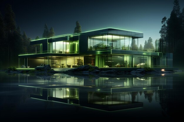 3d render of modern house with green lights on the roof