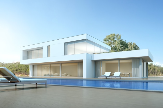 3D render modern house with swimming pool