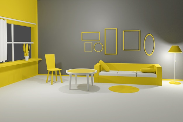 3D render of modern interior living room with sofa, table, chair and empty picture frames on grey wall. Scene to show any pictures, poster or painting how it will look. Yellow grey pantone colors