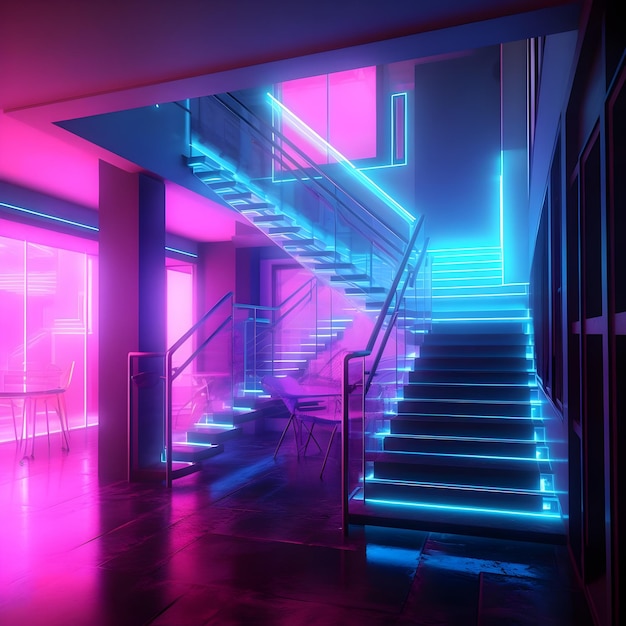 Photo 3d render of modern interior with neon glowing stairs 3d illustration