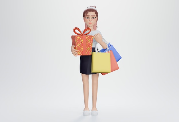 3D рендеринг Современная деловая женщина с сумками для покупок и подарочной коробкой Веселый мультипликационный персонаж