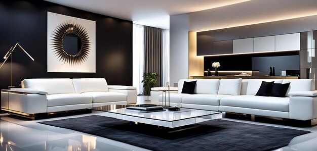 Фото 3d-рендеринг современного дизайна интерьера гостиной с стильной мебелью