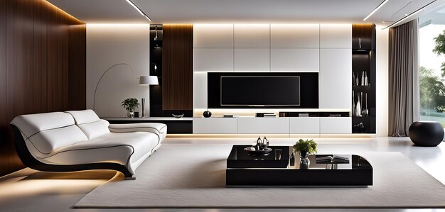 3d render modern living room interior design with stylish furnitures