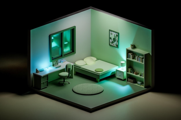 3D render of modern low poly bedroom with glowing neon lamps isometric view