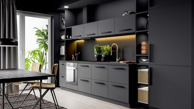 3d render modern luxury black kitchen interior scene