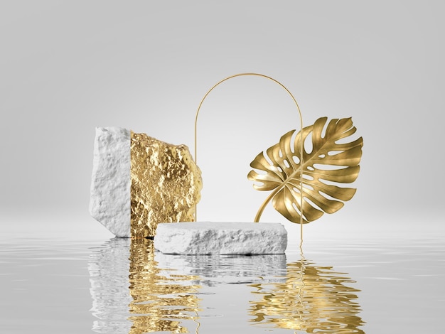 3D 렌더링 현대 미니멀 백색 배경과 열대 잎 바위 포디움 cobblestones 황금 아치