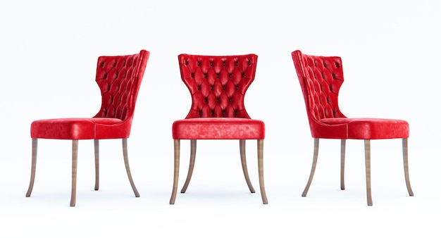 白い背景、木製の脚と赤い椅子に分離されたモダンな赤いアームチェアの3Dレンダリング