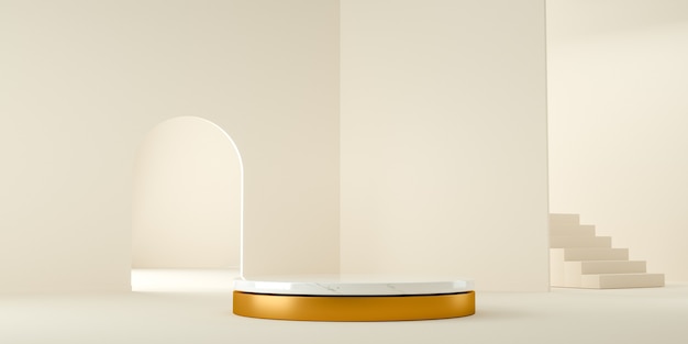 3D render, moderne en minimalistische achtergrond met wit marmer en goud in abstracte binnen