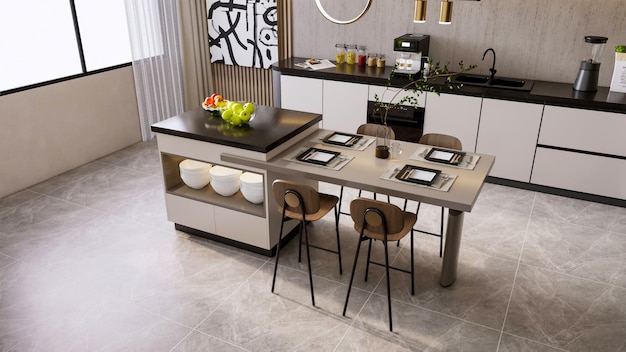 Foto 3d render moderne keuken met eettafel interieur