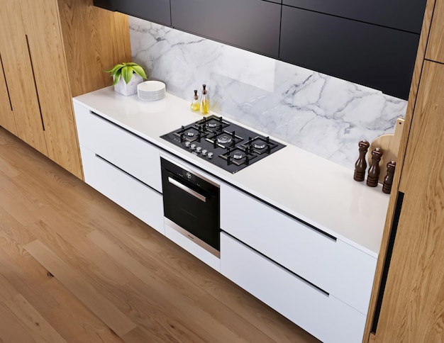 3D render moderne keuken met houten kast en marmeren tafel design interieur