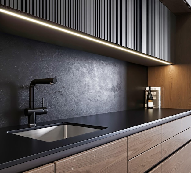 3d render moderne keuken met houten kast en tafelontwerp interieur