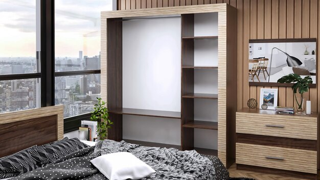 3d render moderne slaapkamer interieur houten decoratie