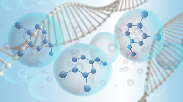 3d render molecule cell in liquid bubble with chromosome in blue background concept for cosmetic