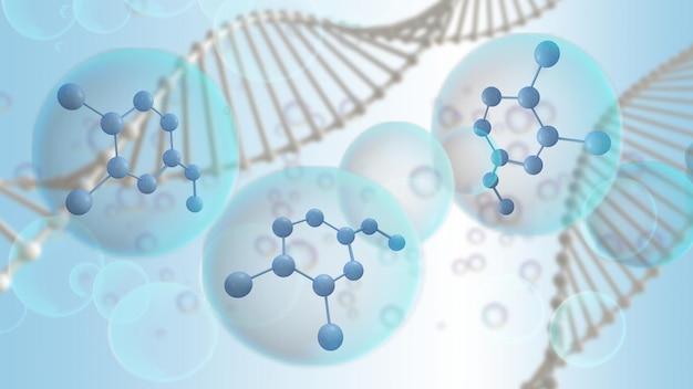 Cella molecolare di rendering 3d in bolla liquida con cromosoma su sfondo blu concetto per cosmetici