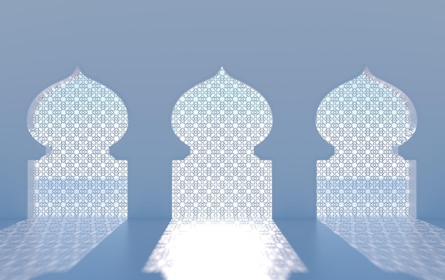 3D render moskee-element in sierlijke Arabische islamitische architectuurstijl Zon en zee Ramadan Kareem