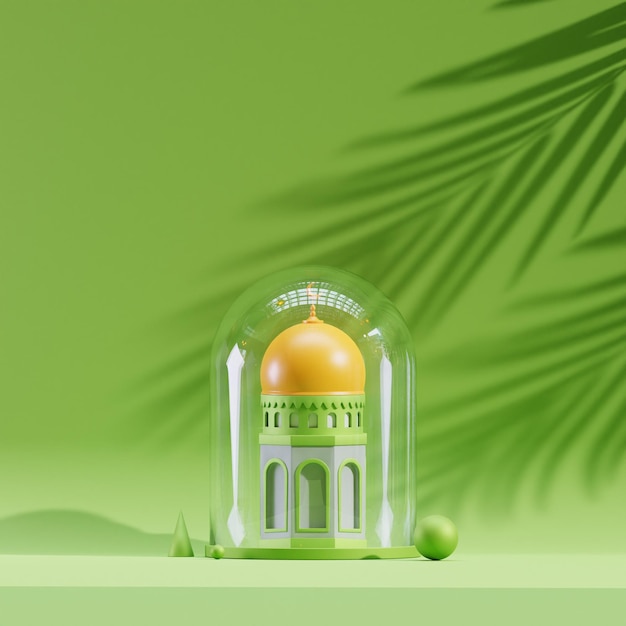 3D render mosque green floral shadow background