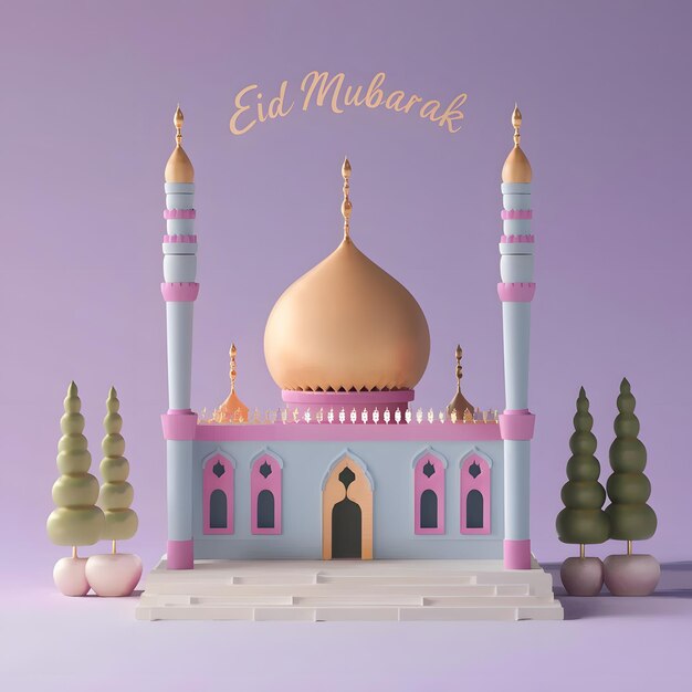 Photo 3d render of a mosque with a purple background eid mubarak muslim greeting card