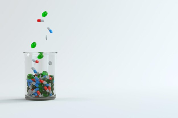 Фото 3d рендеринг разноцветные таблетки попадают в прозрачный контейнер на белом фоне