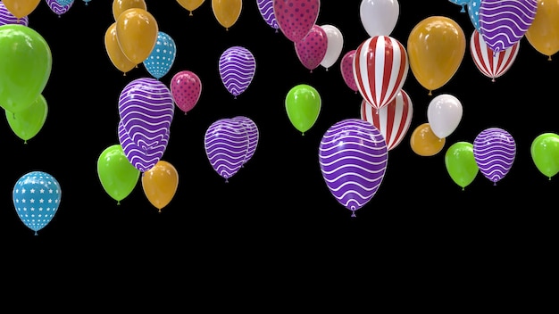 3d render multicolored balloons on a black background