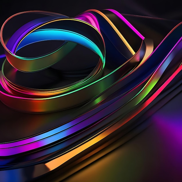 3d 렌더링 여러 가지 빛깔의 무지개 빛깔의 접힌 리본 검은 배경 위에 화려한 빛나는 선 AI G