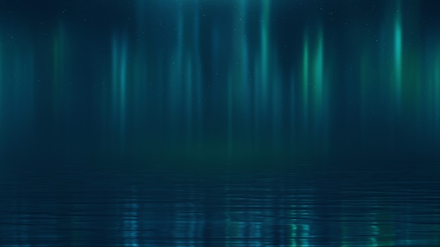 3D render Nacht aurora borealis over het water