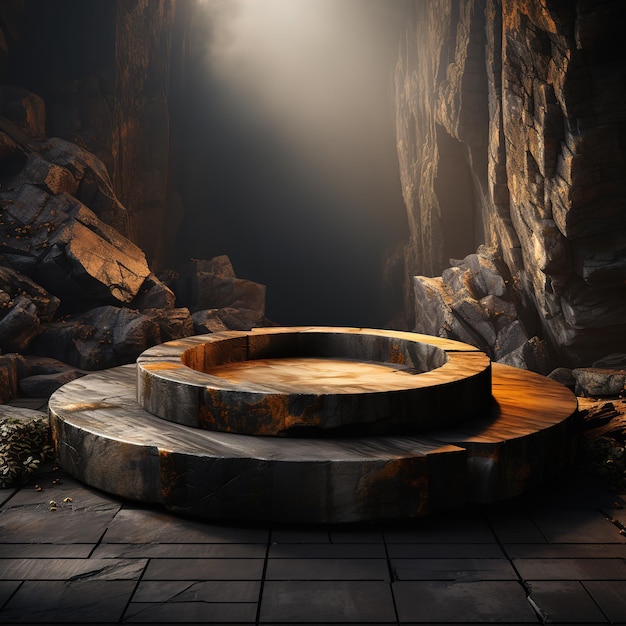 3D レンダリング 自然のポディウムの背景 岩の山の洞窟の石