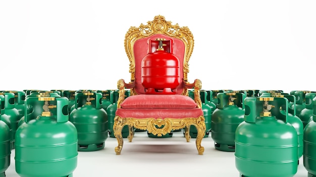 3D render of natural red and green gas tank with king armchair isolated on white background