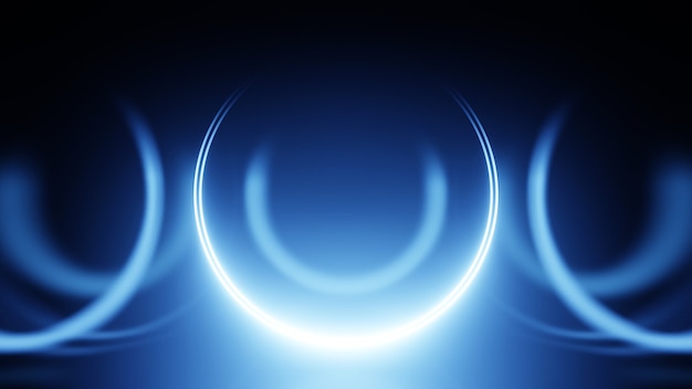 3D render neon circle. Blue neon circles abstract futuristic hi-tech background.