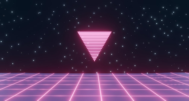 3D render, neon gloeiende geometrische vorm, retro draadframe poster