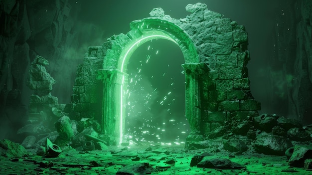 A 3d render of a neon green background with glowing archways and stone ruins for product presentation
