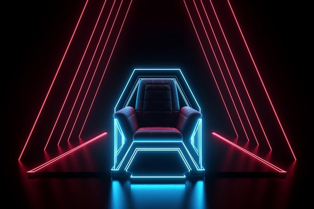 3d render neon light against a dark tunnel Laser glow a chair in the middle