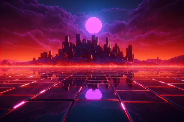 3D render neon lijnen ruit vorm binnen lege ruimte virtuele ruimte ultraviolet licht 80s stijl