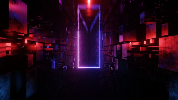 3D render. A neon rectangle flying along the sci-fi corridor. Futuristic illustration.