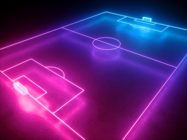 Rendering 3d, vista di angolo di prospettiva del campo di calcio al neon, campo da calcio, gioco sportivo virtuale