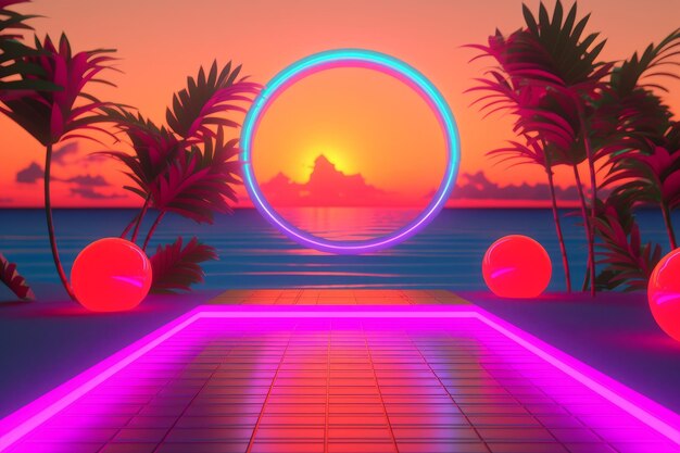 3d render of a neon summer landscape background