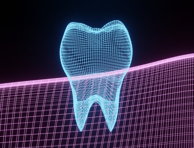 Foto rendering 3d di un dente al neon con rete wireframe