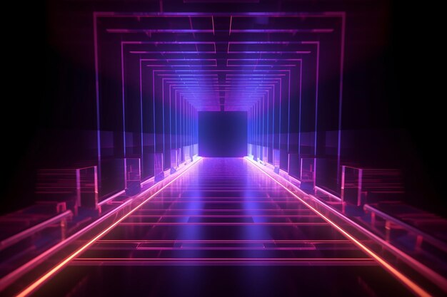 3D render neonlicht tegen een donkere tunnel Lasergloed