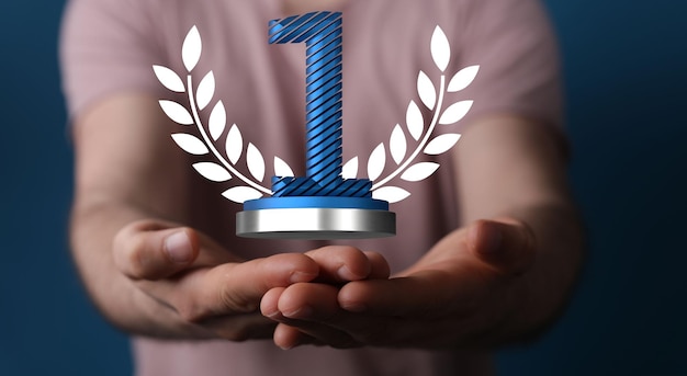 Photo 3d render of a number '1' prize near the hands