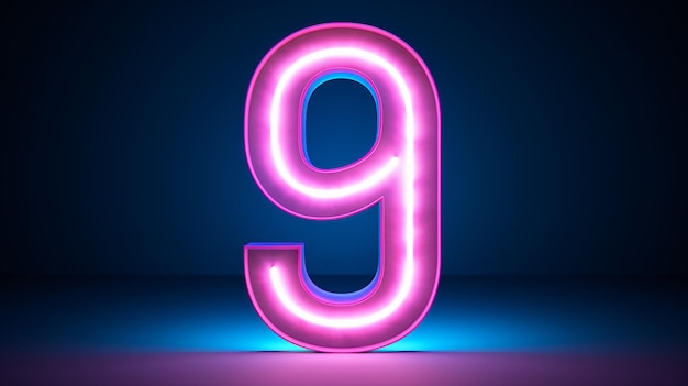 3D render number nine glowing in the dark pink blue