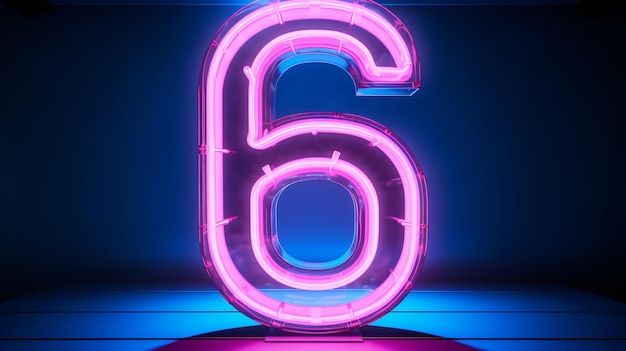 3d Render number six glowing in the dark pink blue