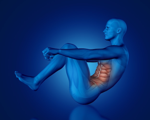 Фото 3d визуализация синей медицинской фигуры с частичной картой мышц в сидячем положении