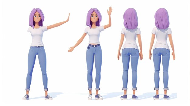 写真 ジーンズとtシャツを着て空中に手を振る漫画の女性キャラクターの3dレンダー