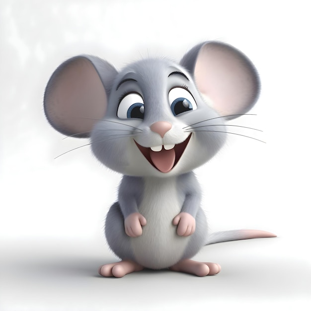 Фото 3d-рендеринг милой мультяшной мыши, сидящей на белом фоне