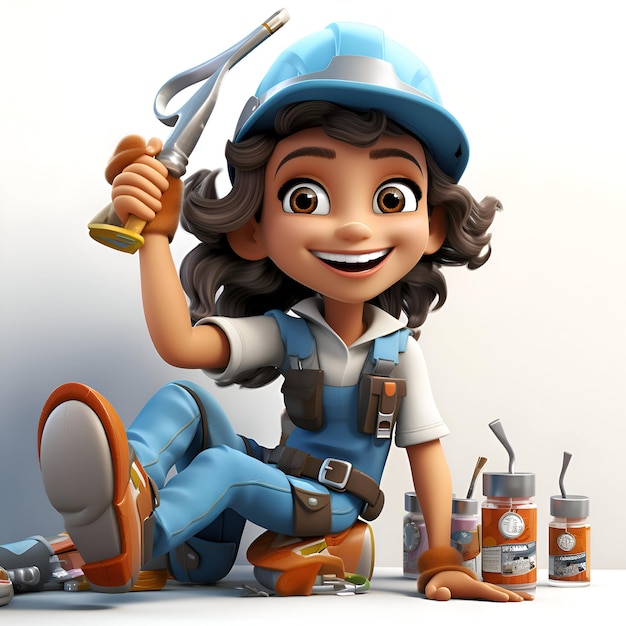Фото 3d-рендеринг маленькой девушки-строителя с строительными инструментами