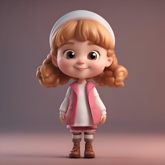 사진 분홍색 드레스를 입은 긴 머리카락을 가진 작은 소녀의 3d 렌더