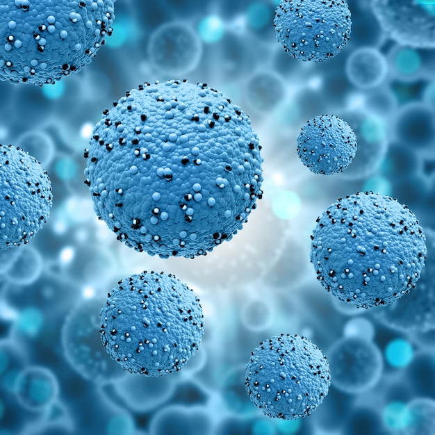 바이러스 세포와 의료 배경의 3d 렌더링-covid 19 대유행