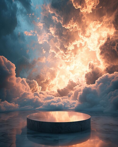 Фото 3d-рендер круглого подиума на фоне облаков на закате