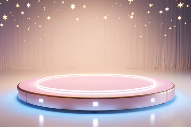 写真 抽象的な空のステージの3dレンダリング 円筒のポディウムステップと金色の星