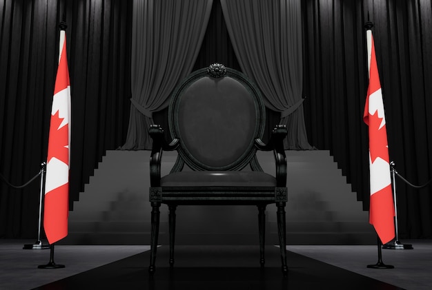 Фото 3d-рендер черного королевского кресла на темном фоне между двумя флагами канады
